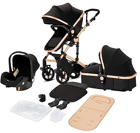 Magic ZC 3 in 1 Kombikinderwagen Hochformat Neugeborenen Kinderwagen Faltbar Babywiege (Black Gold)