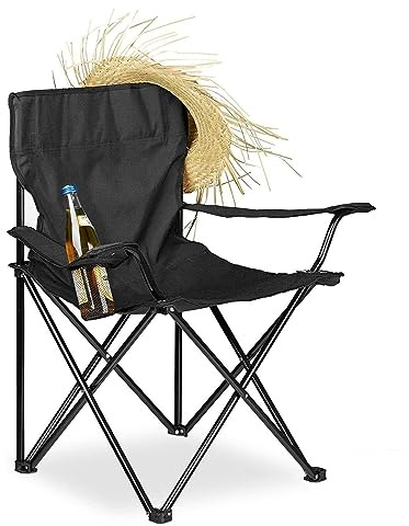 MantraRaj Camping Folding Chairs Patio Outdoor Portable Garden Chair Fishing Lounger Seat With Cup Holder Beach Chair Ideal For Camping, Fishing, Parties, Caravan Trips, BBQ (Black - 1 Chair)