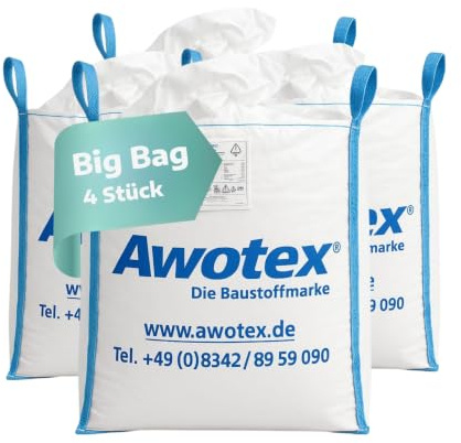 AWOTEX 4 Stück Big Bag beschichtet in 90 x 90 x 110 cm I Säcke mit 4 Hebeschlaufen I mit 1000kg Traglast I Baustellen-Zubehör I Säcke für Baustelle & Landwirtschaft