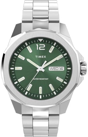 Timex Orologio da Uomo Trend da 46 mm, cinturino in Pelle Marrone a sgancio rapido in Due pezzi, quadrante Verde, cassa argentata TW2W14000