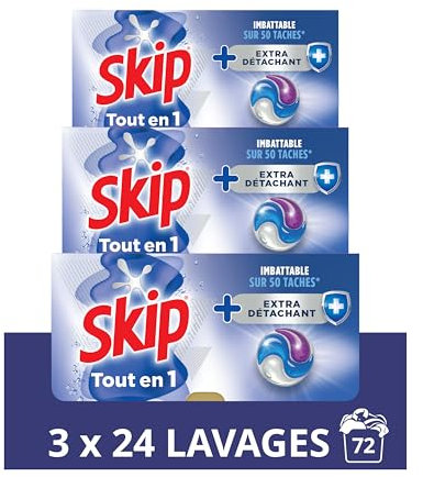 Skip Lessive Capsules Tout-en-1 Extra Détachant 3x24 Lavages