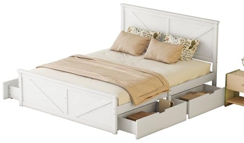 SOFTWEARY Massivholzbett, Doppelbett mit Lattenrost, Kopfteil und 4 Schubladen, Holzbett aus Kiefer, Jugendbett (weiß, 160x200 cm)