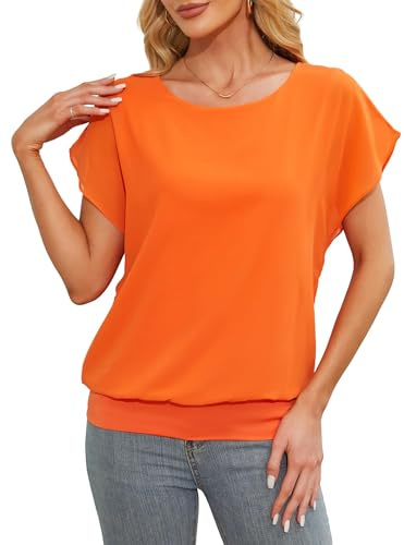 Anelune Summer Blouses for Women Elegant Casual Ladies Chiffon Blouses Short Sleeve Loose T-Shirts Orange Medium