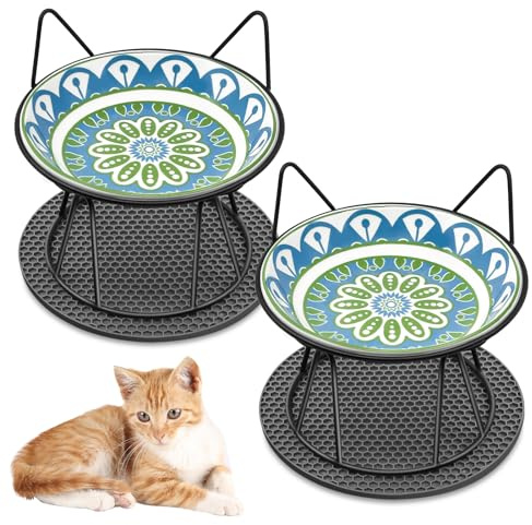 Avmvnvc Ciotole per Gatti Rialzate - Set di 2 Ciotola per Gatti e Cani - Ciotola Gatto in Ceramica con Supporto in Metallo e Tappetini Antiscivolo - Ciotole per Cani Piccoli, Gattini