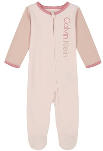 Calvin Klein Baby Girl's Long Sleeve Footed Coverall Onesie, Creole Pink/Rose Smoke/Rose Elegance, 3-6 Months