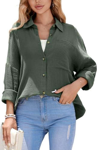 Stamain Damblus, överdimensionerad muslinblus, dam med 100 % bomull, V-ringad, avslappnad, enfärgad, skjortblus, damer, långärmad för leggings, toppar, blus för kvinnor, S–2XL, Armégrön, M