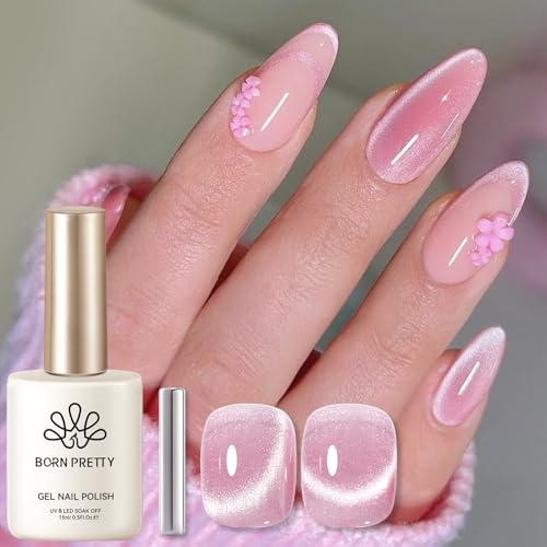 BORN PRETTY Cat Magnetic Eye Gel Nail Polish, Jelly Pink Glitter Effect, Iridescent Magnetic Nail Gel, 15ML