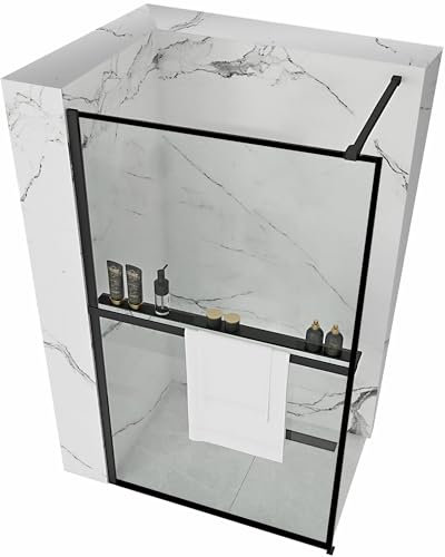 Rea Parete doccia Bler 70 con mensola EVO WALK IN Vetro temperato di sicurezza trasparente 8 mm (Nero opaco)