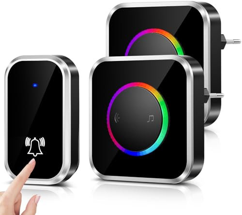 [Non sono necessarie batterie] Campanello senza fili, kit campanello elettronico impermeabile con 2 ricevitori plug-in, portata 200M, 60 melodie a 4 livelli di volume per casa, ufficio, hotel