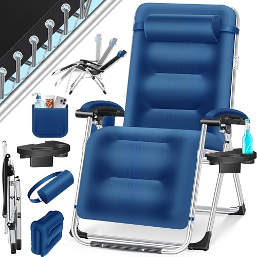 KESSER® Tumbona Plegable XXL, Resistente a la Intemperie, Capacidad de Carga 200kg, Tapizado Ergonómico, Respaldo Ajustable, Cojín Cervical, Portavasos y Cojín para Brazos, Basic - Azul Marino