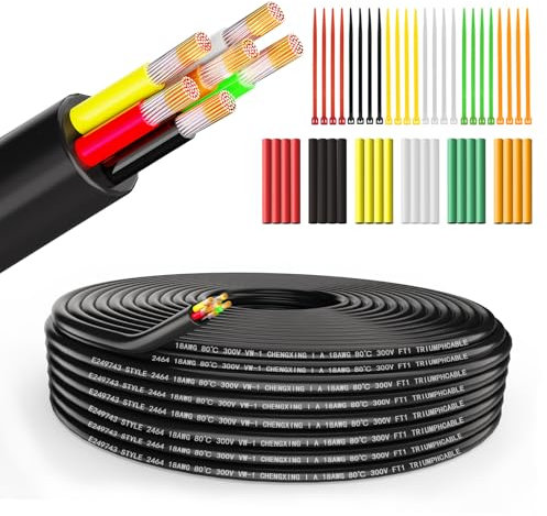 Wirelume 18AWG 6x0.75 mm² Fil électrique 6 conducteurs 5V/12V/24V Câble d'alimentation PVC toronné 10FT/3M Câble en cuivre étamé basse tension Gaine ronde Câble mince