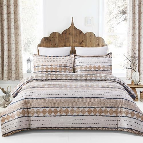 Vaulia Microfiber Duvet Cover King Size, 3Pcs Beige Geometric Striped Patterned Bedding for All Seasons with 1 Comforter Cover 2 Pillowcases