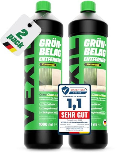 VEXIL® Grünbelagentferner Konzentrat – entfernt Algen, Moos, Pilze & Flechten – für Stein, Holz, Wände, Markissen und mehr – 1L für bis zu 100 m² – frei von Chlor & Säuren – Made in Germany