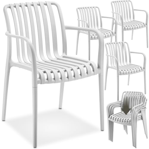 tectake® Sillas Terraza Exterior Apilables, Plástico Resistente, Antideslizante, Fácil de Montar, Muebles Resistentes, Sillas Jardin Exterior - Set de 4 con Reposabrazos Crema
