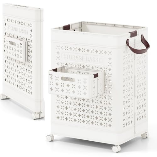 LIFEZEAL 75 L Klappbarer Wäschekorb mit Rollen, Tragbarer Wäschesammler mit Griff, Laundry Baskets Wäschebox Plastik für Schlafzimmer, Bad, Schlafsaal, Waschküche