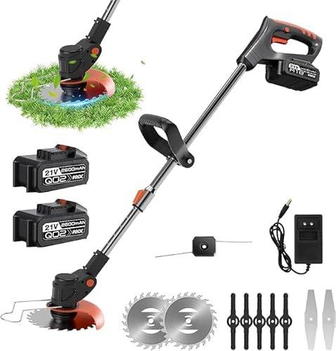 Desbrozadora eléctrica inalámbrica, corte de borde inalámbrico con 2 baterías, con 3 tipos de cuchillas, 21 V, cortahierbas inalámbricas, retráctil ligero para corte de jardín, césped tierra