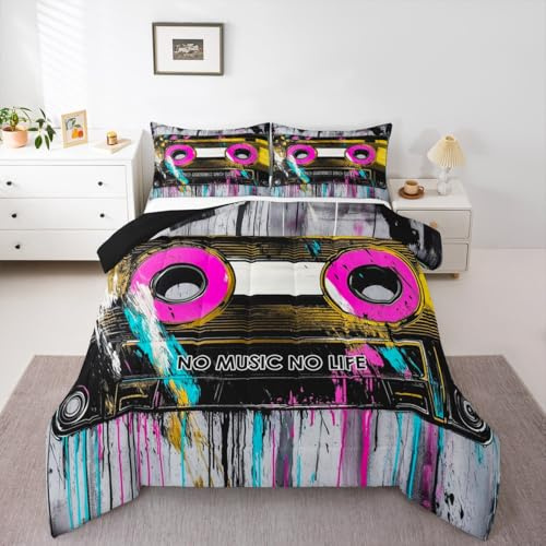 Feelyou Music Comforter Set Toddler Size Cassette Tape Music Bedding Set for Kids Boys Girls Retro Trendy Duvet Quilt Bedroom Decor Microfiber 2 Pcs with 1 Pillow Cases