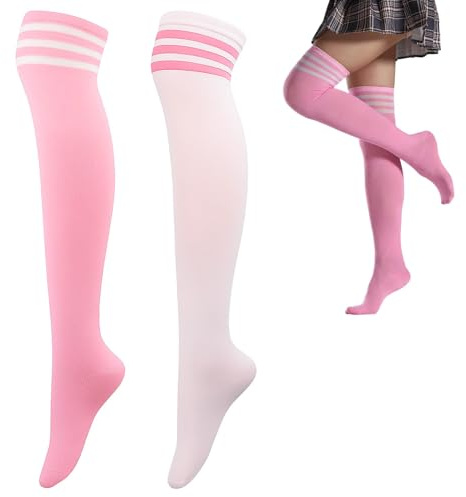 2 Pairs Over Knee Thigh Socks Women's Knee Thigh High Socks 52cm Tube Height Long Striped Tube Stockings College Style Extra Long Boot Stockings Leg Warmers for Girl and Women - White and Pink