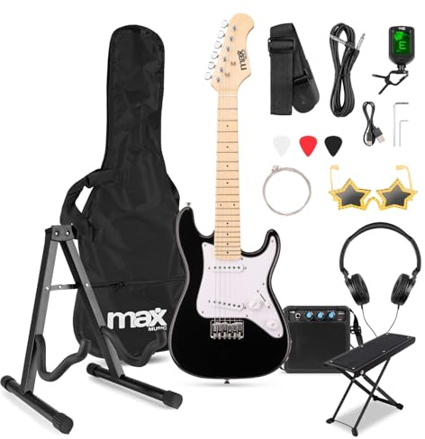 MAX GigKit Junior 1/4 Electric Guitar Pack with Foot Rest & Universal Stand – Complete Beginner Setup for Kids & Young Players – Small Sized Practice Guitar Kit – Black Finish