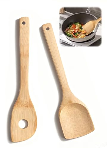 Sekfpnk Pack of 2 Kochlöffel aus Bambus, Kochlöffel aus Holz, Spatel aus Holz, Robust und Langlebig, Geeignet zum Kochen in Der Küche