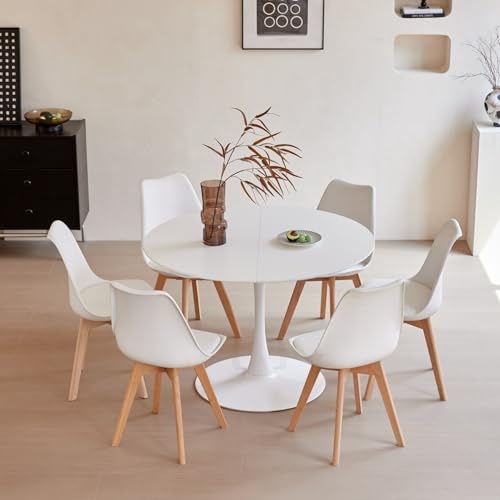 Uderkiny Esstisch und Stuhlset, 110 cm Runder Esstisch-MDF-Tischplatte und 6 Moderner Esszimmerstuhl-PU-Sitzkissen, Geeignet für Küche, Esszimmer, Wohnzimmer, Café, Balkon(Weiß + 6 Weiß)