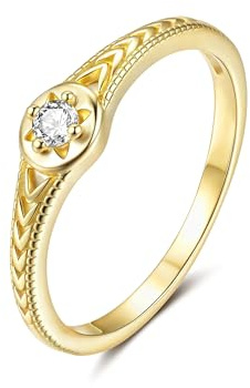 YeGieonr 14K Gold Plated Signet Rings for Women Non Tarnish 925 Sterling Silver Dainty Stackable Gold Ring, Waterproof Engraved Flower Thin Band Unique Everyday Jewelry Gift (Gold-Star, 5)