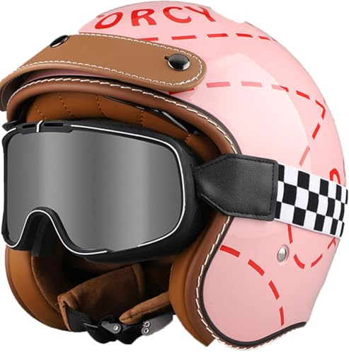 Damhjälm halvt skal, skoterhjälm, DOT/ECE-godkänd öppen ansiktsmotorcykelhjälm, kraschhjälm, mopedhjälm, motorcykelhjälm med vintage pendlingsglasögon 1,M (57–58 cm)