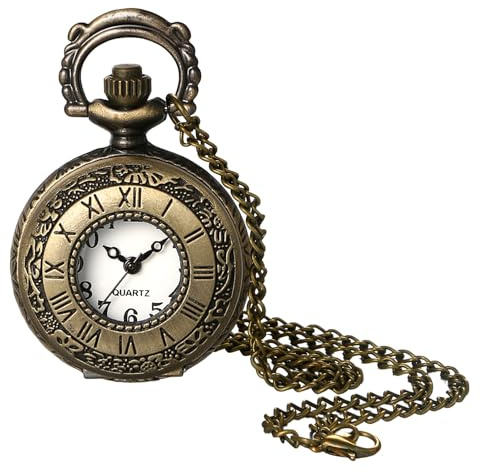 JewelryWe Women's Vintage Pocket Watch - Small Roman Numeral Embossed Pendant Necklace Quartz Analog Fob Watches with 30.7 Inch Chain
