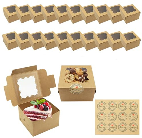 20PCS Small Cake Boxes, Brown Paper Cupcake Boxes Cookie Boxes with Windows and 12 Stickers Mini Cake Boxes Individual Bakery Dessert Brownie Boxes for Gift Small Cakes Sweet Candy (10 * 10 * 6.5cm)