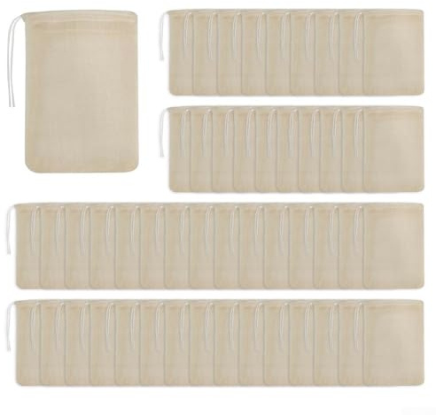 Volakebeing Wiederverwendbare Teebeutel – 50 Stück natürliche, ungebleichte Baumwoll-Siebbeutel mit Kordelzug für losen Tee, Kräuter, Gewürze und Potpourri (8 cm x