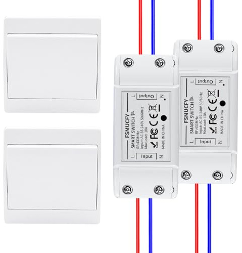 FSMUCFY Funklichtschalter Set 230V mit Empfänger, Kinetischer Funkschalter Ohne Batterie, Wasserdicht, 200m Reichweite, Ohne Bohren, Ideal für Mieter & Hausbeleuchtung (EU 1Gang 2V2)