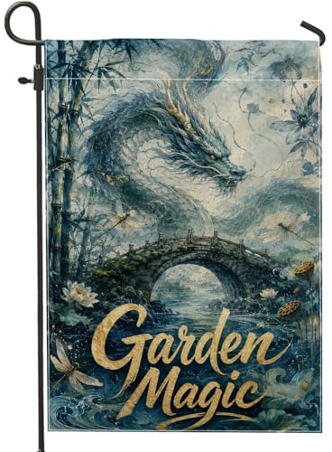Bandera de jardín de dragón, puente oriental de fantasía, lirio de agua, verano, azul, arpillera de doble cara, banderas decorativas para exteriores, césped, porche, patio, entrada, 12 x 18 pulgadas