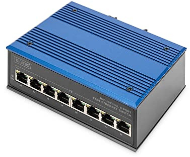 DIGITUS Commutateur réseau – Fast Ethernet 8 Ports – Montage sur Rail DIN – bornier – sans Ventilateur – Noir/Bleu