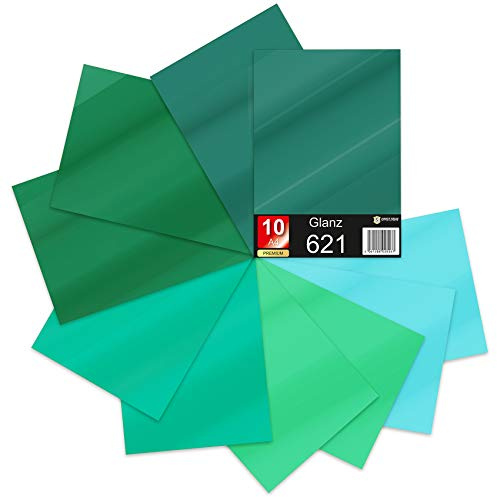 Finest Folia 10 x Din A4 Bögen Plotterfolie 621/631 Selbstklebende Folie im Set Vinyl zum Plotten DIY Bastelfolie Sticker Beschriftung Aufkleber 29,7x21cm (Grüntöne glanz, 10er Set)