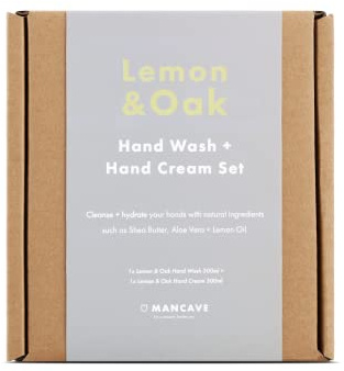 ManCave Handpflege Männer, Lemon & Oak, Hygienische Flüssigseife 300 ml, Handcreme Männer 300 ml, Geschenkset, Vegane und Natürliche Formel, Recycling-Flaschen - Hergestellt in GB