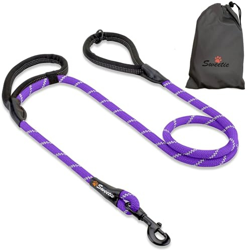 Sweetie Guinzaglio Cane Corda Nylon 1,5 m – Anti Tiro, Doppio Manico Bungee, Regolabile – Guinzaglio in Corda per Cani Grandi e Piccoli – Moschettone 360° – 10 Colori - Viola