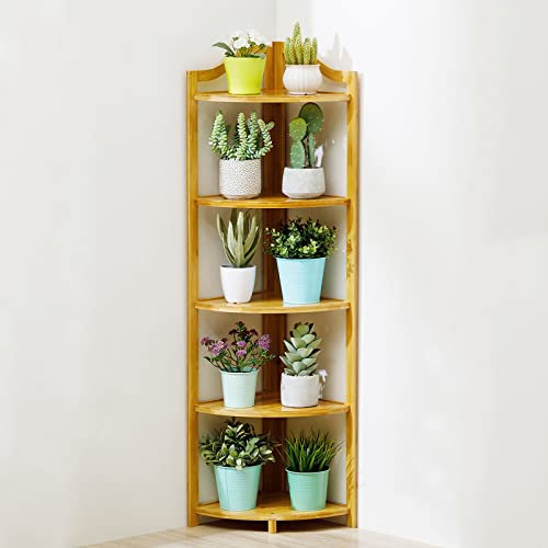 LIGUOYI Corner Shelf 3/4/5 Tier Plant Stand Bookshelf, Bamboo Multipurpose Shelving Unit Small Industrial Corner Display Rack For Plants, Living Room,Home,Office And Kitchen