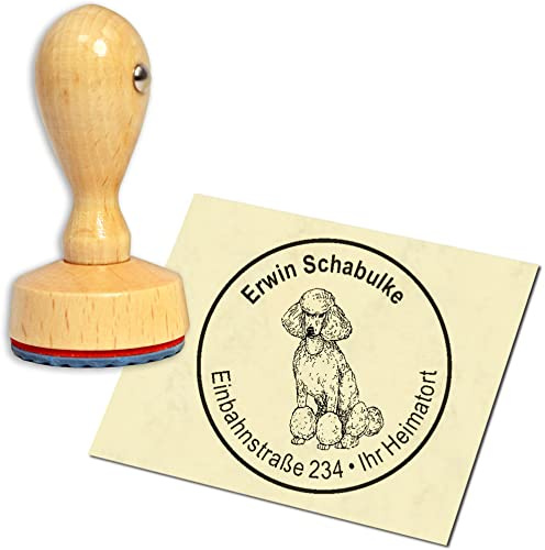 Stempel Adressstempel Holzstempel - sitzender Pudel - rund ∅ 40mm personalisiert als Firmenstempel Namensstempel Bürostempel