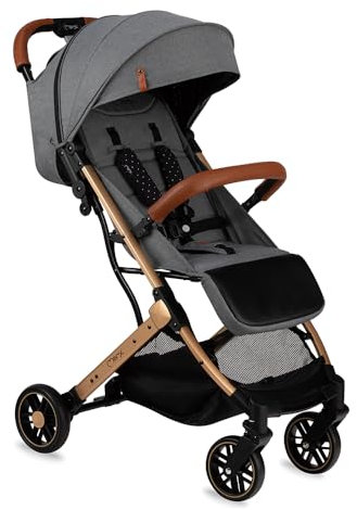 MOMI ESTELLE Kinderwagen für Kinder ab 6 Monat bis zu max körpergewicht von 15 kg, klappbar auf die Maße 65 x 51 x 21 cm, gewicht 7,5 kg, 5-Punkt-Sicherheitsgurt, koffer, grau-gold, Räder 6''/6,5''