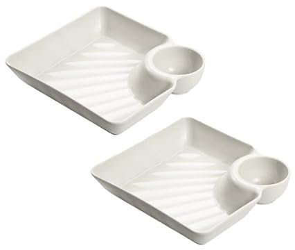 2 Pcs Serving Plates with Dipping Saucer, Japanese Sushi Plate Dumpling Plate Chips and Salsa Plate Snack Dish Serving Tray with Sauce Divider (White)