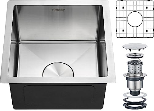 Suncano 15x15 Inch Bar Sink Undermount, 18 Gauge Stainless Steel Small Kitchen Sink, Handmade Single Bowl Wet Bar Sinks with Rinse Grid (Brushed)