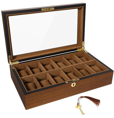 Uten Uhrenbox mit 12 Fächern, Uhrengehäuse-Organizer mit goldenem Schloss und Schlüssel, Holz-Uhren-Display-Aufbewahrungsbox mit abnehmbaren Uhrenkissen, Samtfutter, Metallverschluss