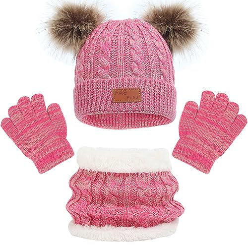 Baynetin Winter Beanie Mütze, Schal und Handschuhe Set - 3 Stück Warme Wintermütze für Mädchen und Jungen - Runder Schal für Kinder 2-8 Jahre Alt (Rosa)