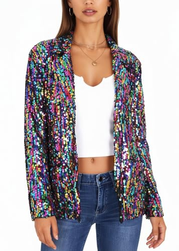 Anna-Kaci Women's Sparkle Sequin Jacket Long Sleeve Open Front Work Blazer Cardigan with Pockets, Multicolored, Large