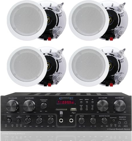 Home Theater System Kit 4-Channel 1000 Watts Amplifier w/ 4 Qty of 5.25 175 Watts Each Flush Mount in-Wall in-Ceiling 2-Way Mid Bass Woofer Ceiling Speaker by Technical Pro