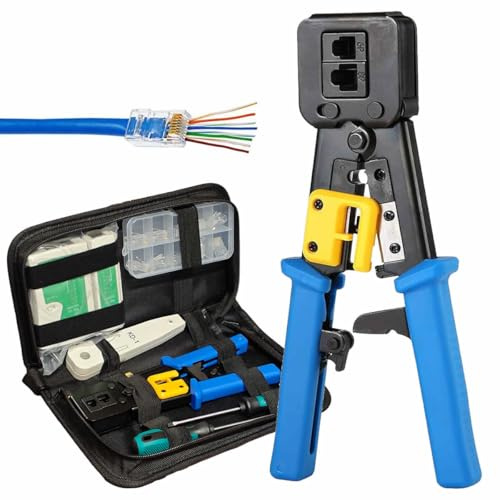 JUSTOP - Kit de herramientas de red, kit profesional 11 en 1 de crimpadora de cable Ethernet con herramienta de crimpado, probador de cables Rj45 Rj11 Cat5 Cat5e, herramienta de perforación,