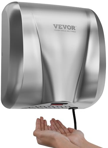 VEVOR Secador de Manos Eléctrico 1300 W Secador de Manos Automático Comercial de Servicio Pesado Filtro HEPA de Alta Velocidad de Acero Inoxidable 2 Opciones de Energía para Inodoros 325x295x180 mm