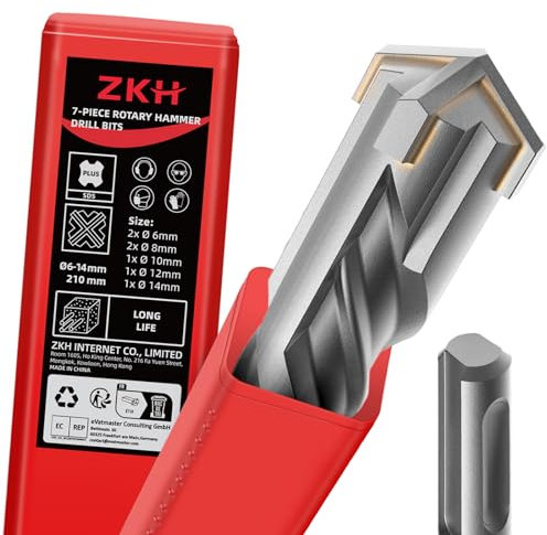 ZKH SDS Plus Punte Trapano 7 pezzi, Ø 6,8,10,12,14 mm x 210 mm, Punte per calcestruzzo con 4 taglienti, punte trapano muro per Calcestruzzo, Pietra, Mattone