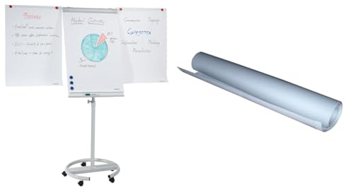 Franken Set Flipchart, Beschreibbar, Magnetisch, Mit Rollen, 2 Seitenarme, Whiteboard mit Ständer, Papierhalterung, Stifteablage, 68 x 105 cm, ECO Mobil, F2400/N + Flipchart-Papier 100 Blatt, F2120