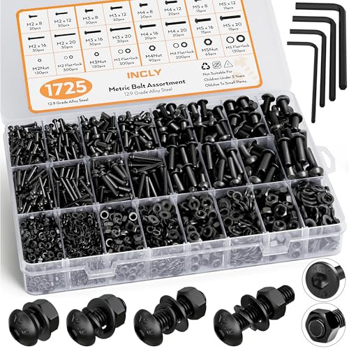 INCLY 1725Pcs Metric Nuts&Bolts Kit,Black Hex Socket-Head Cap Screw | M2-M5 12.9-grade alloy-steel fasteners including nuts,flat&lock washers and hex wrenches for electronics&3D-printer